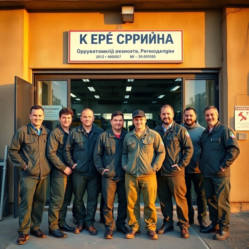 Восемь механиков в оливковой рабочей форме перед входом в мастерскую